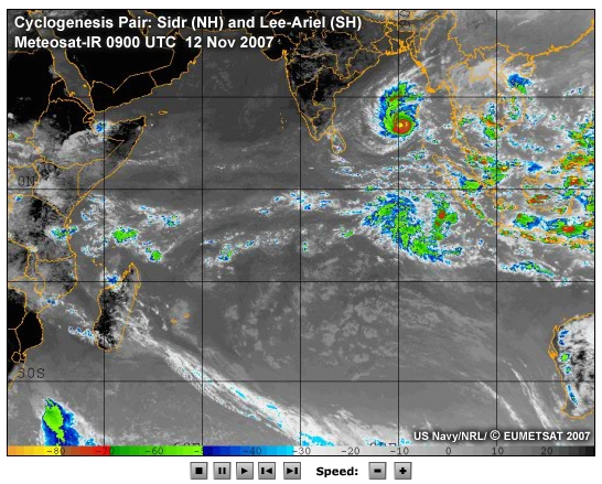 Meteosat Enhanced IR images from 0000 UTC 12 Nov 2007 to 2100UTC 15 Nov demonstrating equatorial Rossby wave case of twin tropical cyclogenesis (Sidr in NH, Lee-Ariel in SH)
