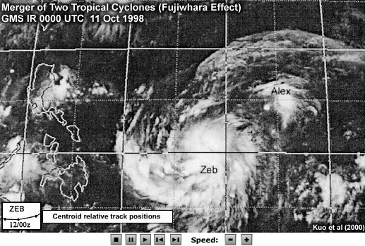 Satellite animation showing the merger of Typhoons Zeb and Alex (1998): the Fujiwhara effect