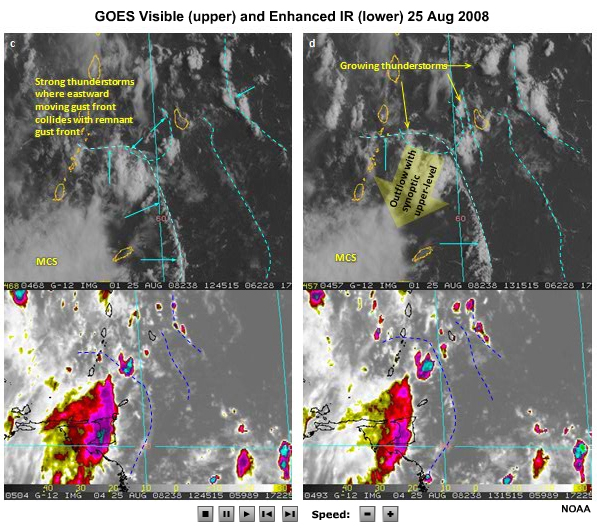 Visible Images (upper), Enhanced IR (lower) satellite images on 25 Aug 2008.